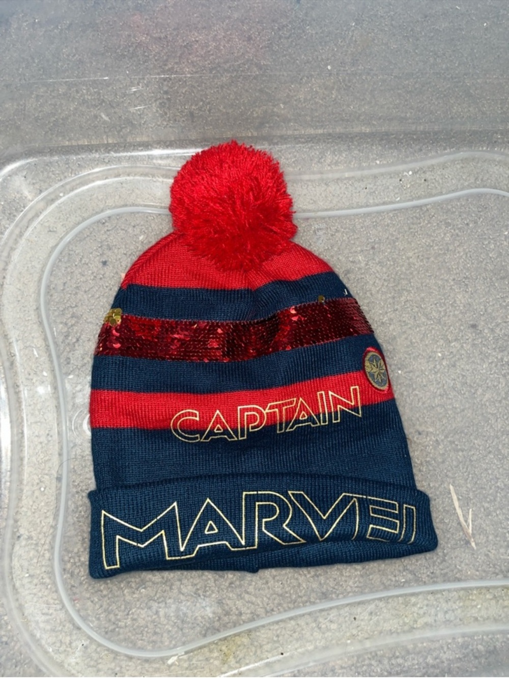 Marvel Striped Pom Beanie - Red & Navy with Gold Accents